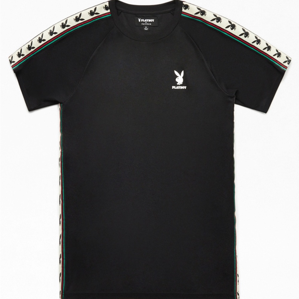 PLAYBOY Black Tee with Iconic Logo and Striped Accents